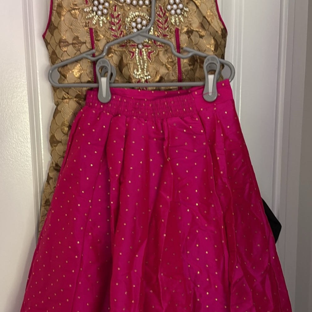 Bright Pink Skirt with Gold Dot Accents on salwaar top